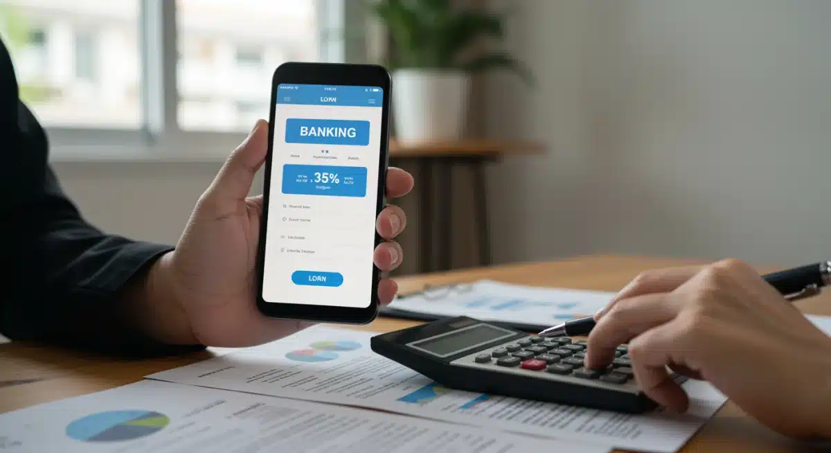 Person calculating loan interest rates on a smartphone with financial documents.