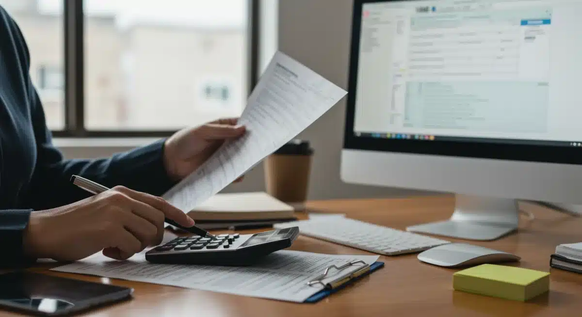 Person carefully reviewing tax forms and using a calculator, preparing their EITC claim.