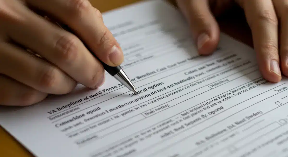 Hand filling out VA benefits application form for healthcare