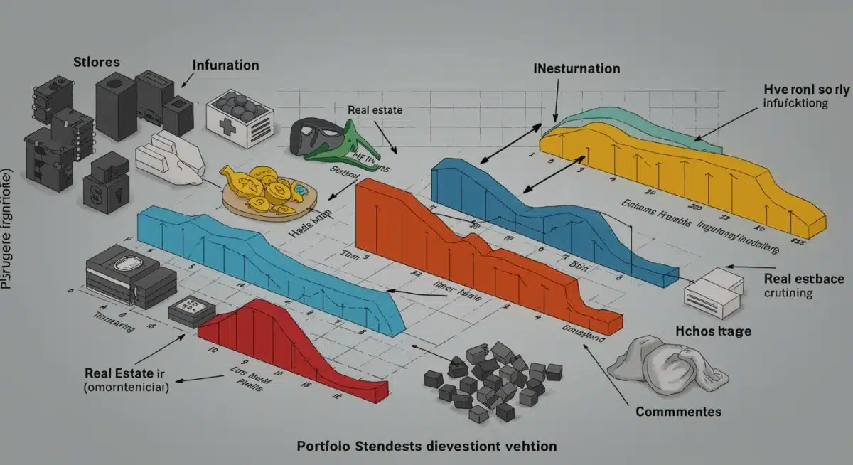 Diversified investment portfolio with stocks, bonds, real estate, and commodities against inflation