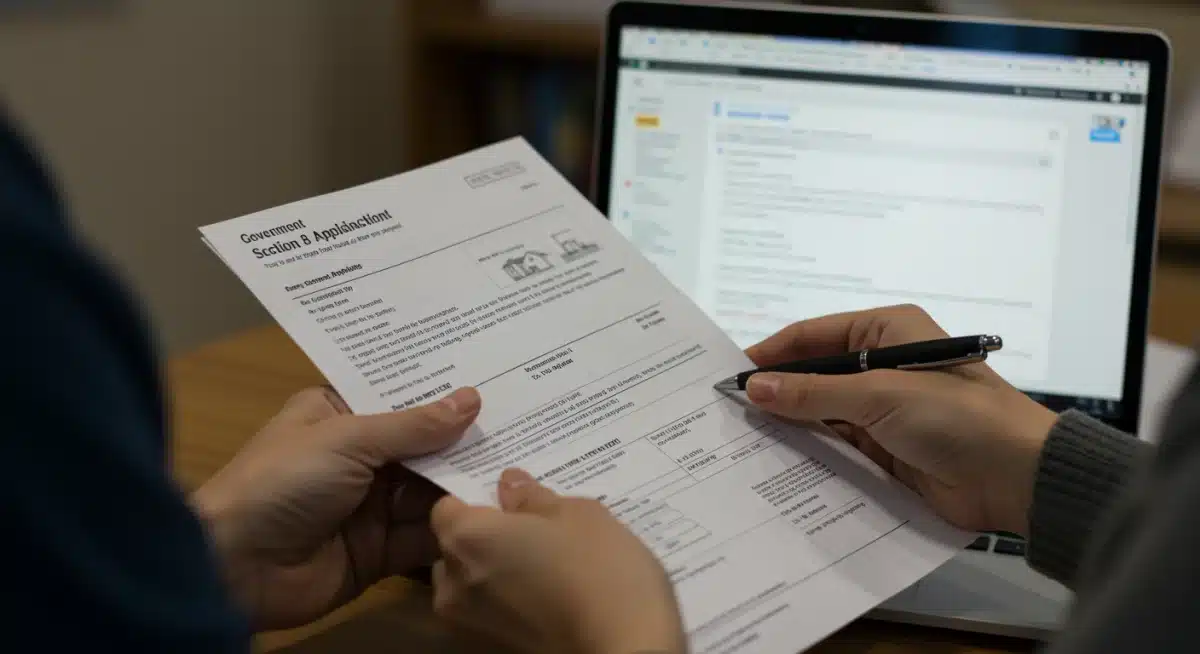 Hands holding housing application documents with a laptop showing a government housing portal, indicating the application process.