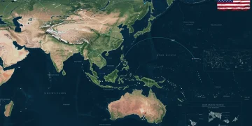 Strategic map of Indo-Pacific region with highlighted security areas and digital overlays
