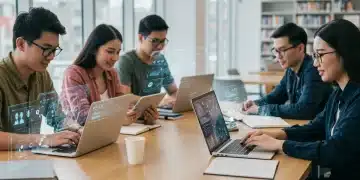 Students engaging with online learning platforms in higher education, showcasing diverse participation and technological integration in 2026.