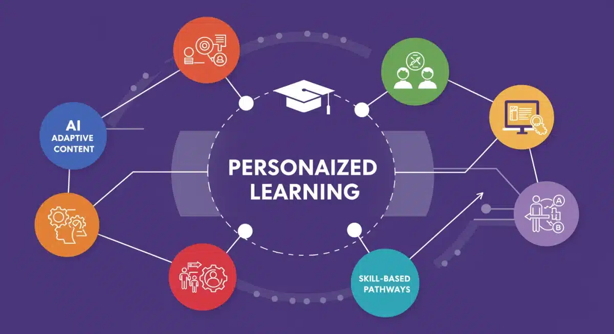 Infographic illustrating the interconnected components of personalized learning in online platforms for higher education.