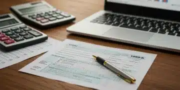 1099-K tax form with calculator and laptop for small business tax preparation