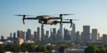 Commercial drone flying over city skyline with 'FAA Compliant' sticker