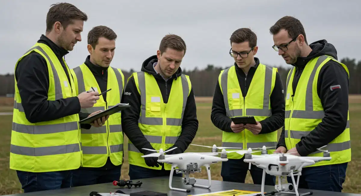 Drone operators performing pre-flight check with regulatory guidelines