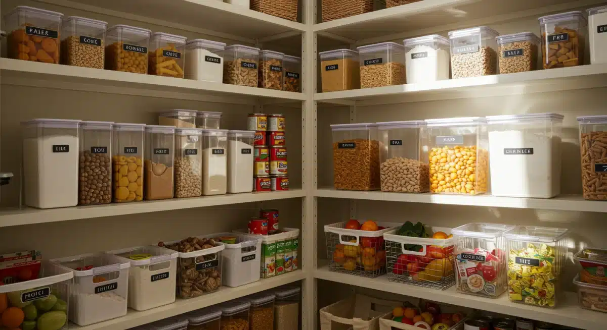 Well-organized pantry with labeled containers and fresh produce, demonstrating smart food storage.
