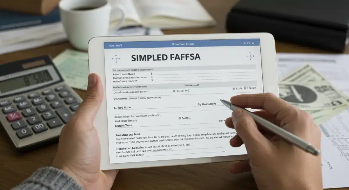 Hand filling out a simplified FAFSA form on a tablet, illustrating ease of application