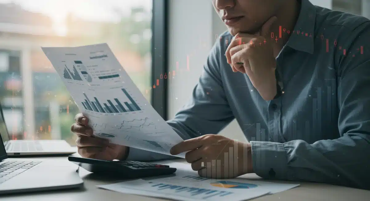 Small business owner reviewing financial documents, planning for economic changes and future strategies.