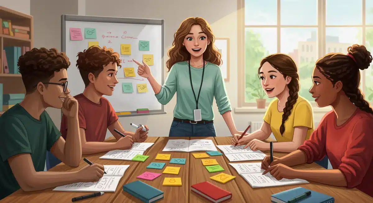 Teacher guiding students in collaborative learning activity