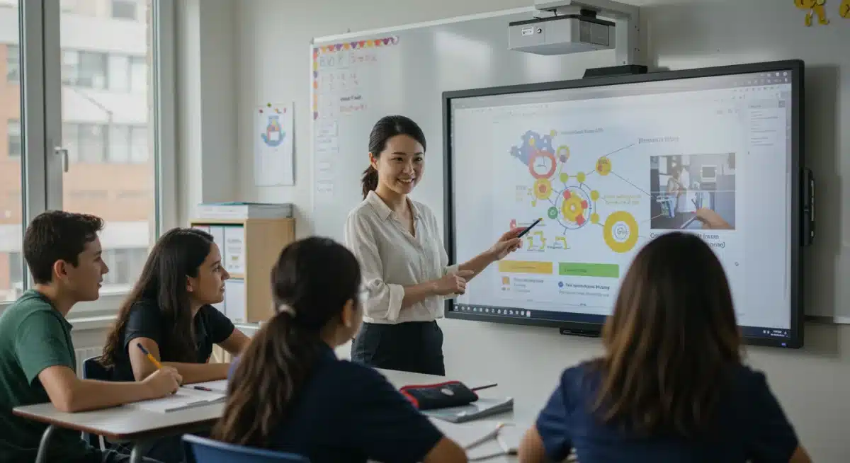 Confident teacher interacting with students in a tech-equipped classroom, showcasing readiness for new standards.