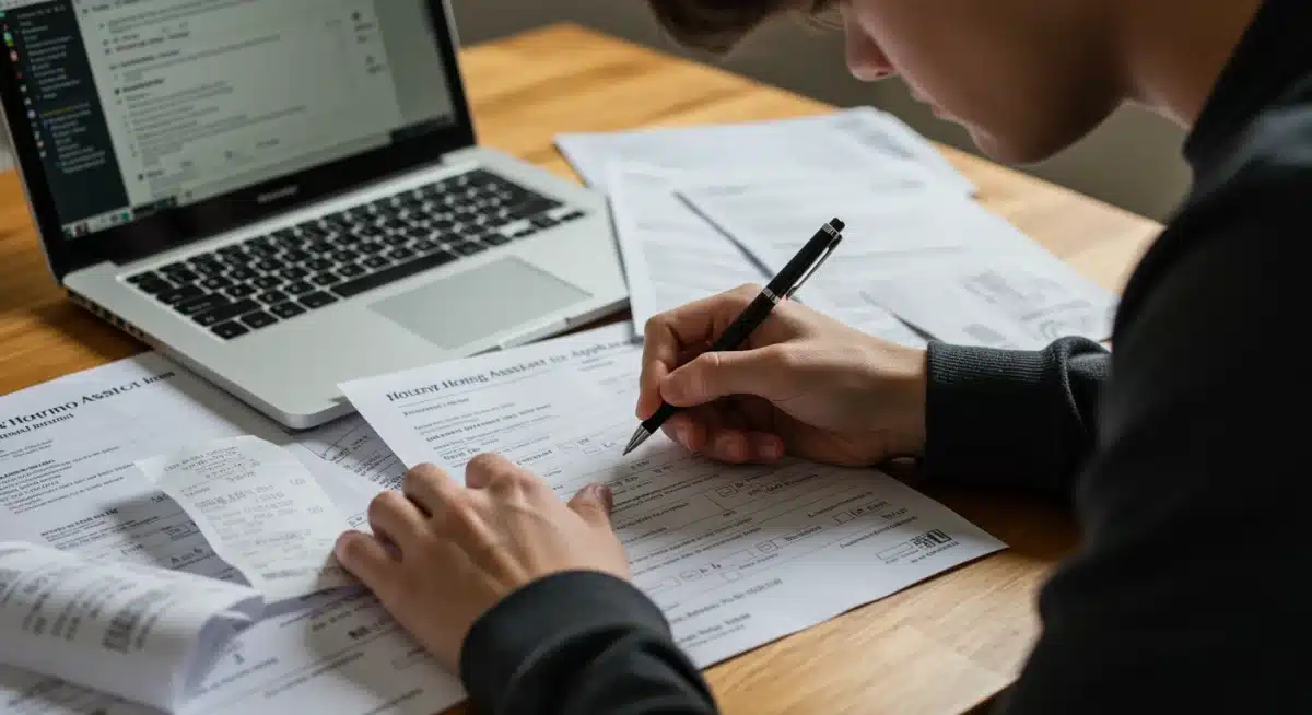 Person meticulously completing an application form for federal housing assistance programs.