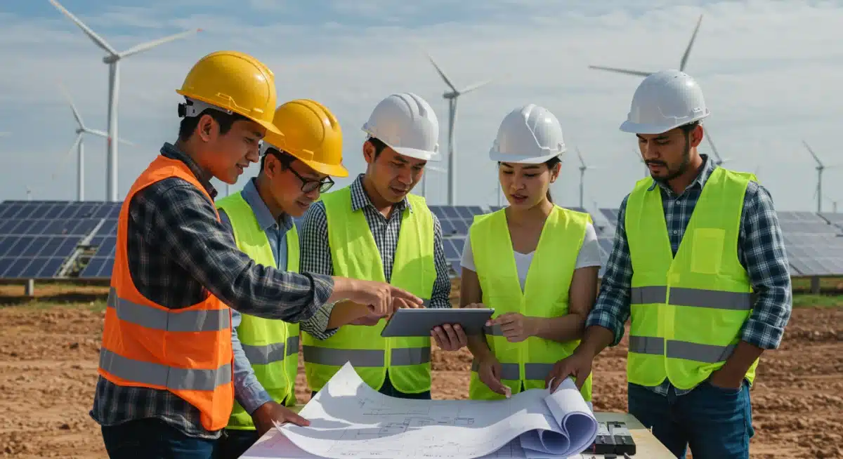 Engineers and workers collaborating at a clean energy project site