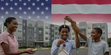 Family receiving keys to new apartment, symbolizing federally funded housing assistance and hope for stable living.