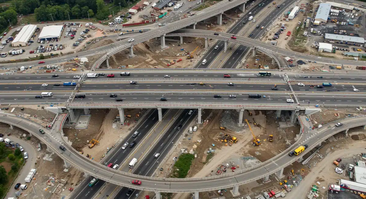 Aerial view of a complex highway interchange undergoing reconstruction in the US