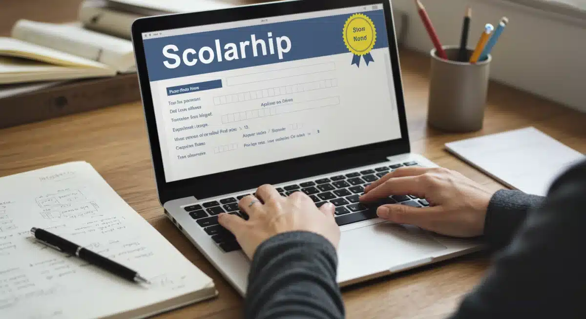 Student meticulously filling out an online scholarship application form.