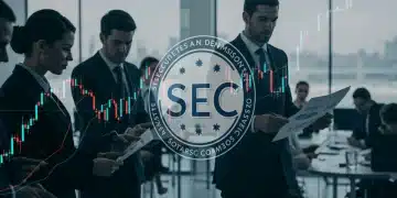 SEC logo over financial charts with business professionals discussing new regulations