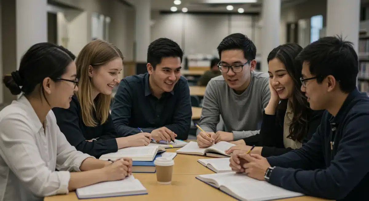 Diverse students collaborating on a project in a university library.