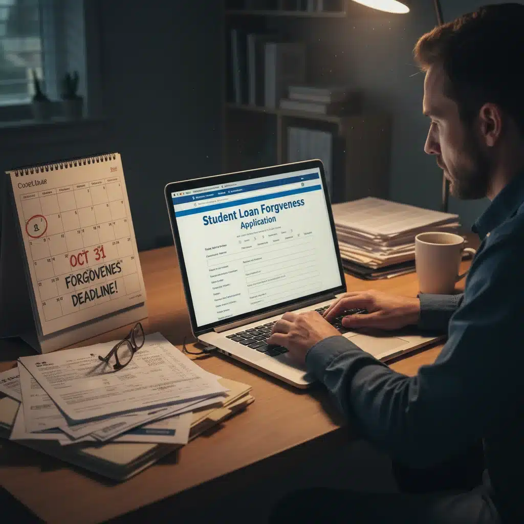Person applying for student loan forgiveness online, reviewing documents