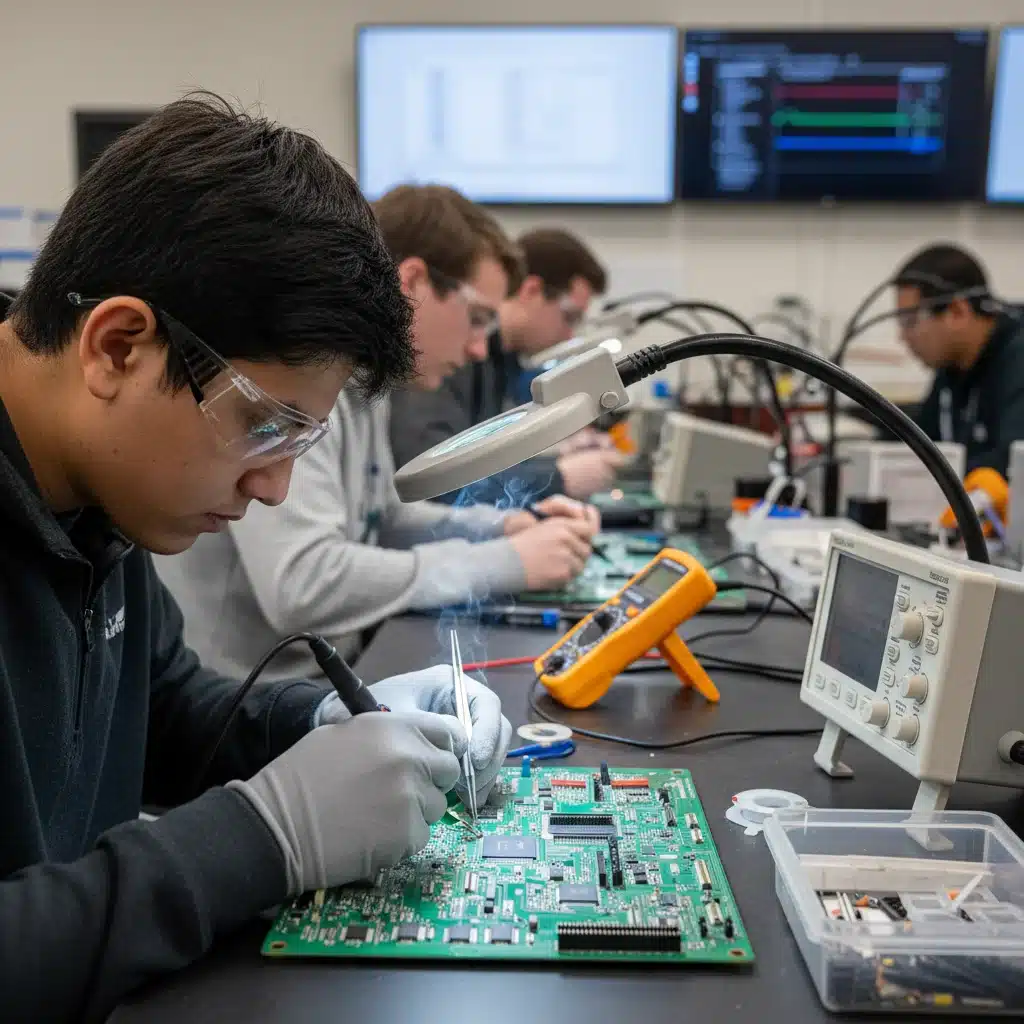 Student soldering circuit boards in a community college electronics lab
