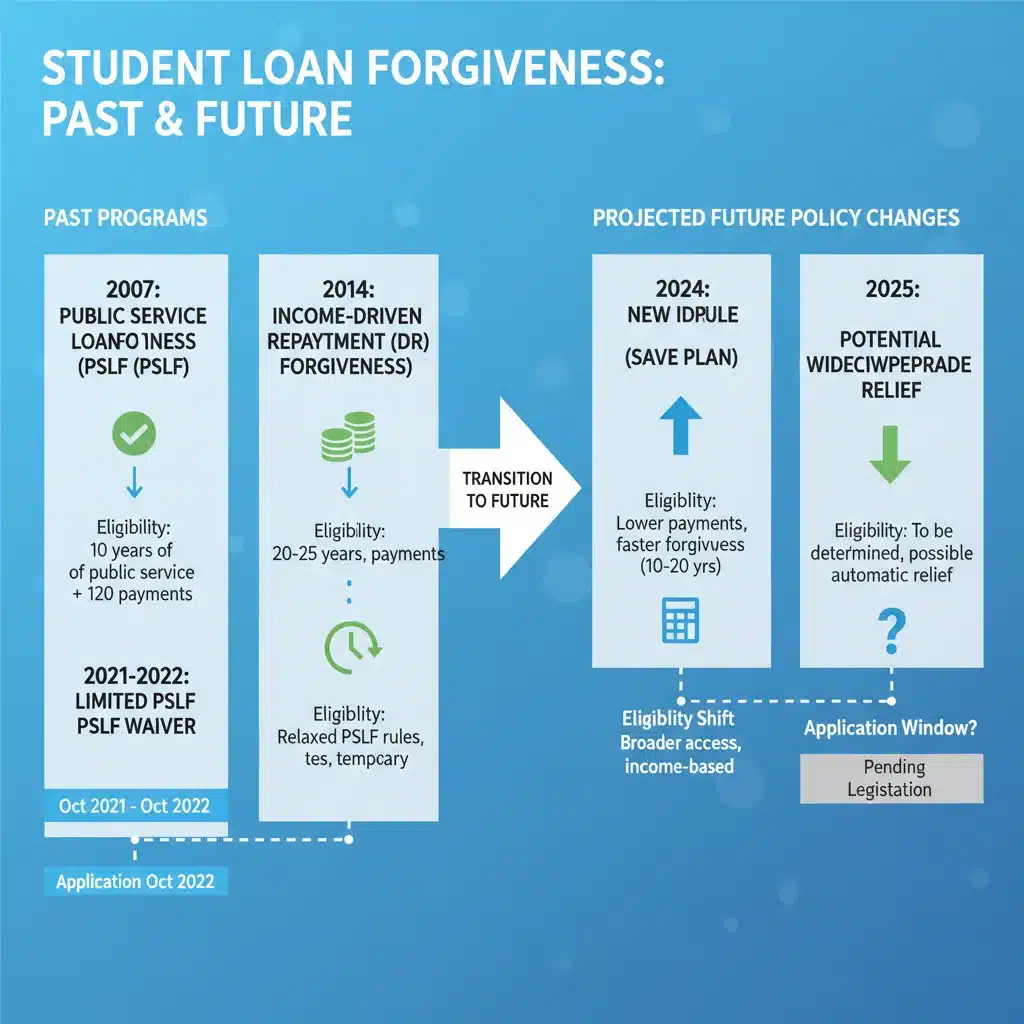 Infographic detailing student loan forgiveness program timeline and policy changes