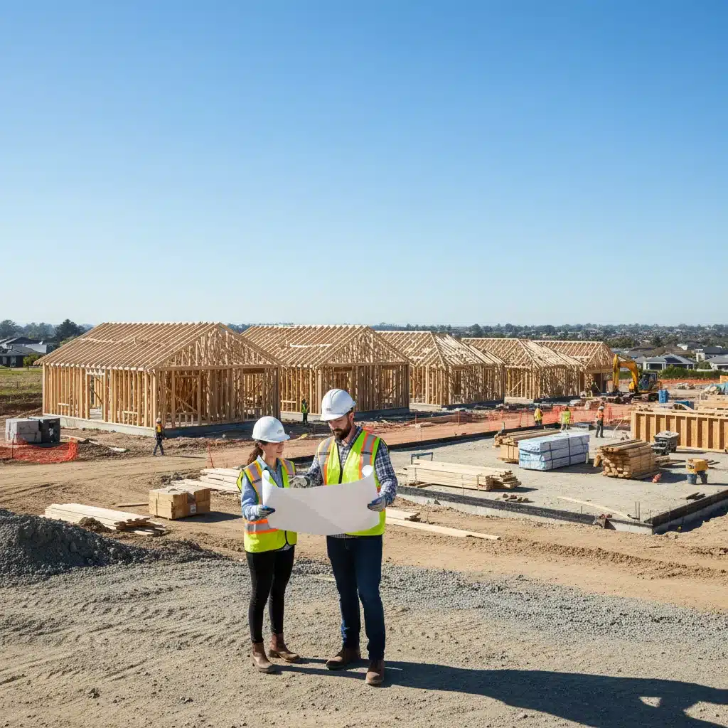 New home construction in progress, with an architect and builder reviewing plans.