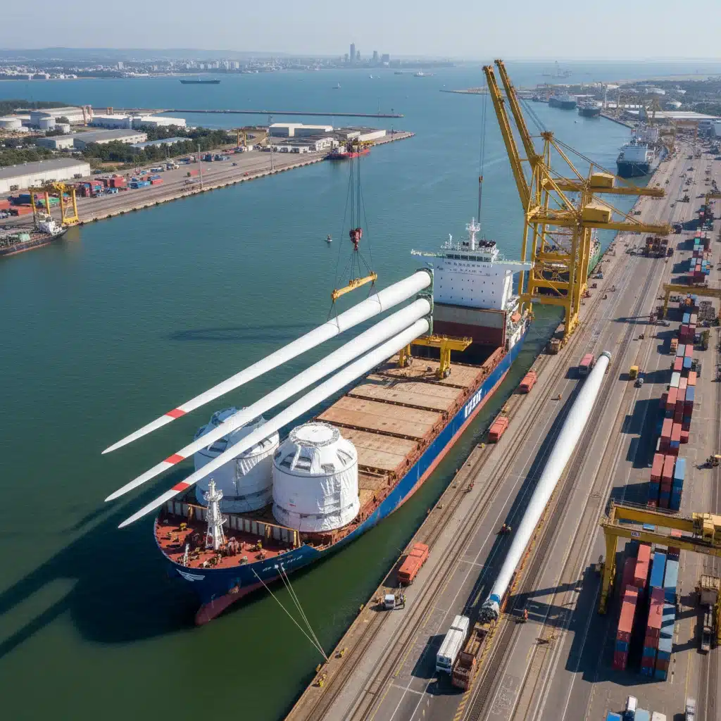 Offshore wind turbine components being delivered to a port