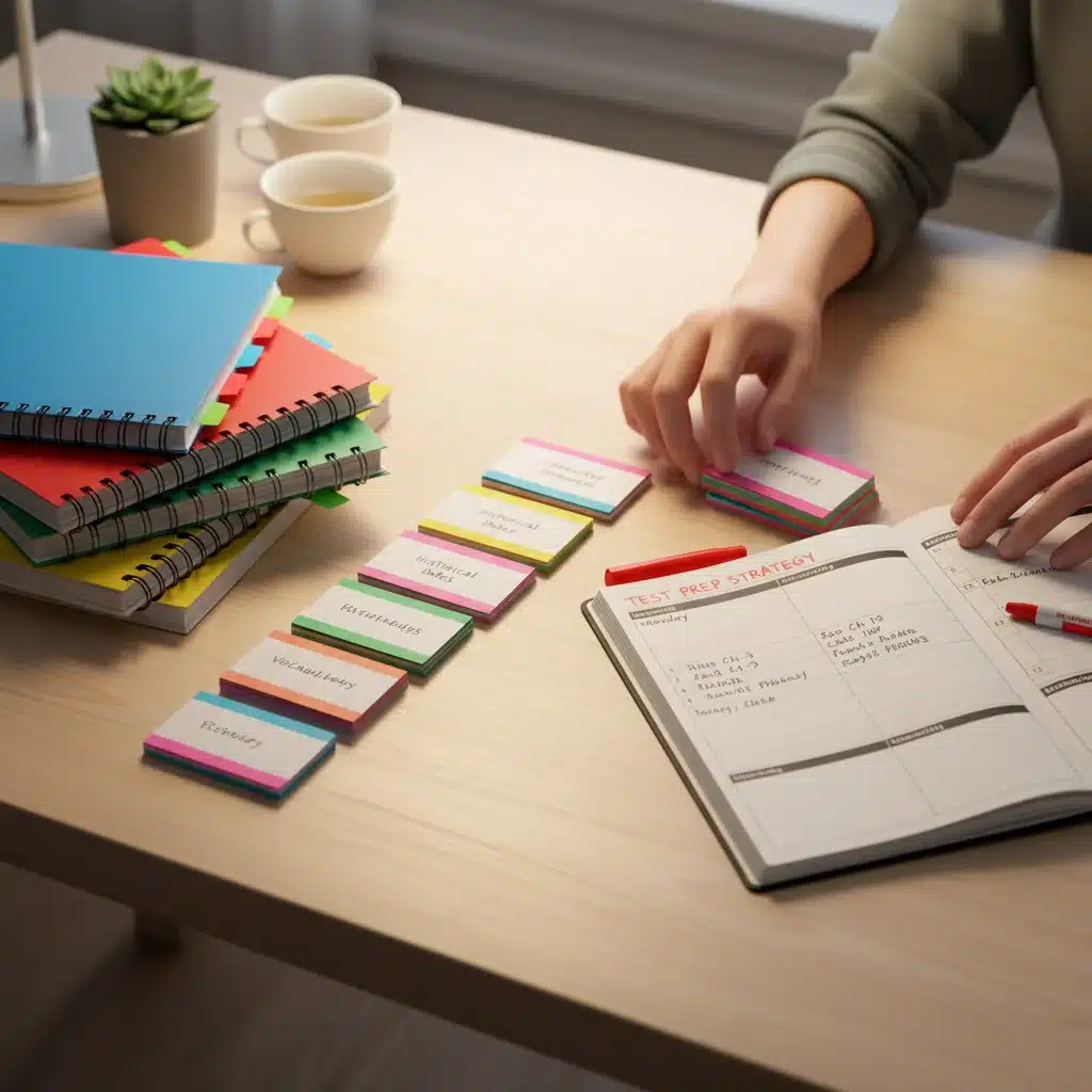 Organized study desk with color-coded notes and planner for test preparation.