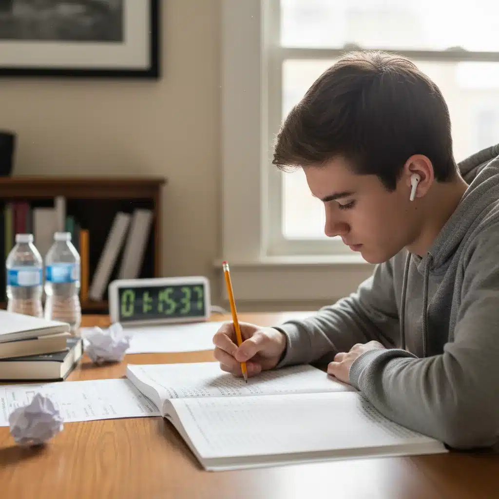 Student focused on taking a practice standardized test under timed conditions.
