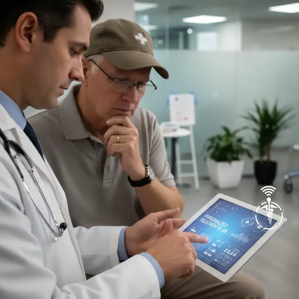 Doctor and veteran reviewing healthcare options on a tablet