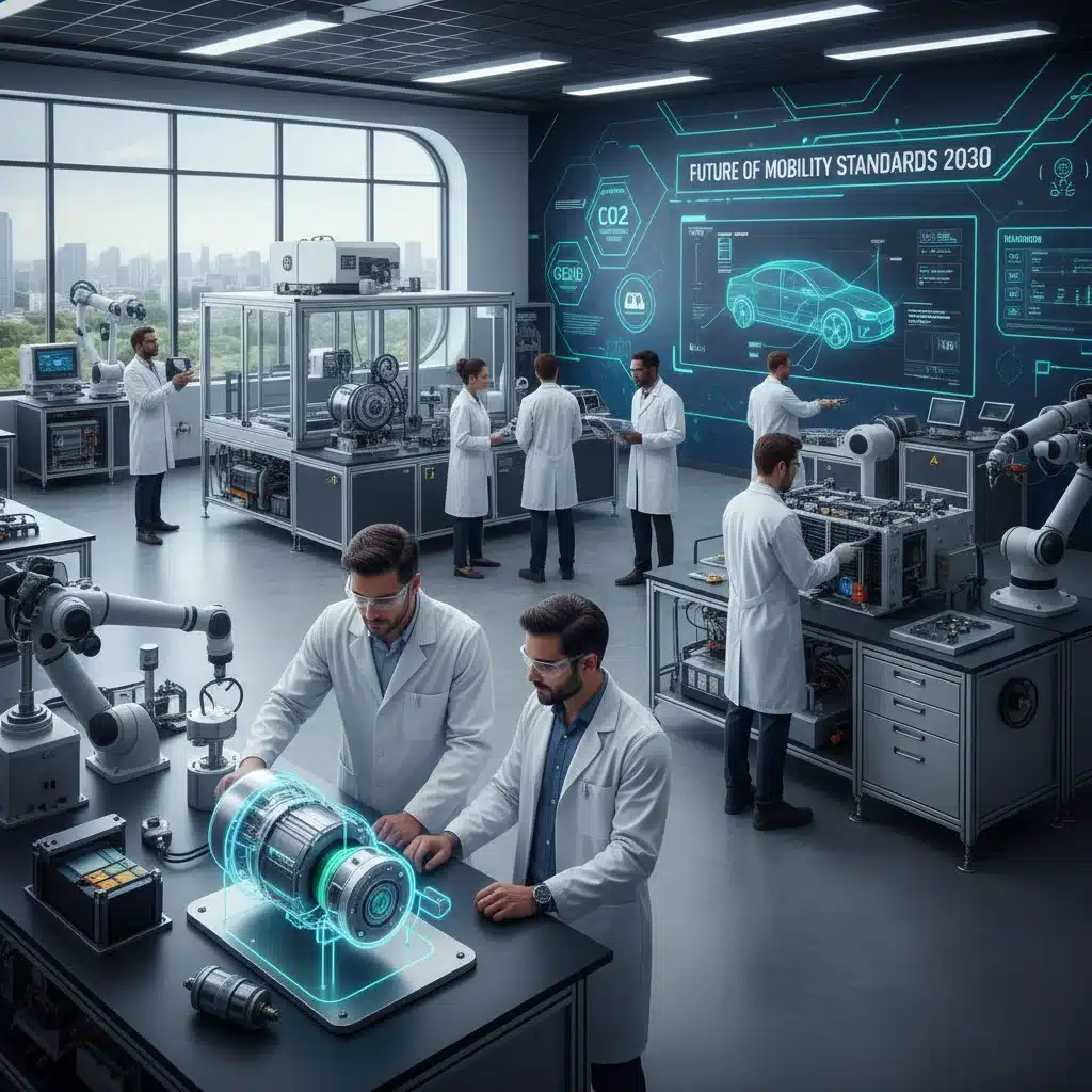 Automotive engineers developing low-emission vehicle technology