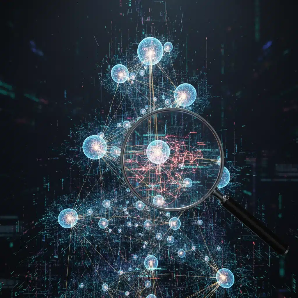 Intricate digital network under magnifying glass, symbolizing market scrutiny