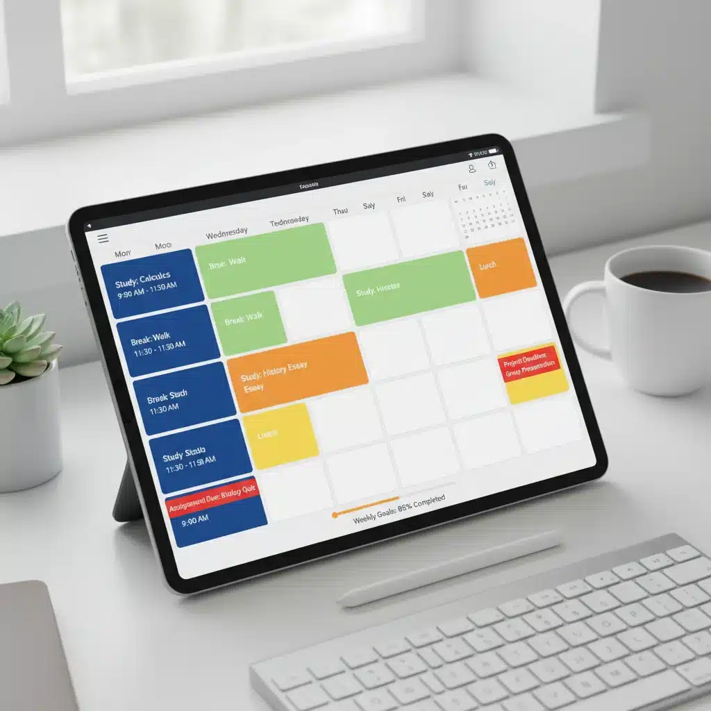 Digital planner showing organized study schedule for online students