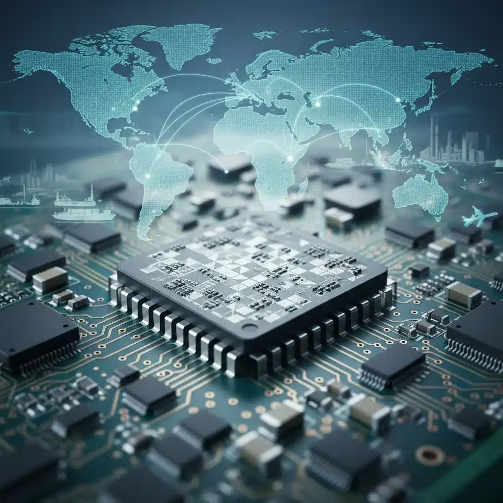 Semiconductor chip representing the technology industry's vulnerability to trade tariffs