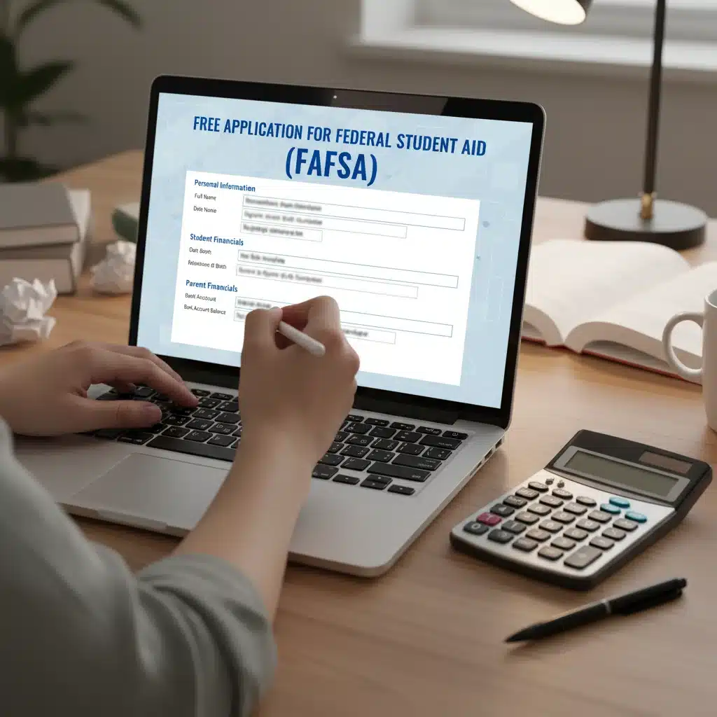 Student completing FAFSA form online for federal student aid application.