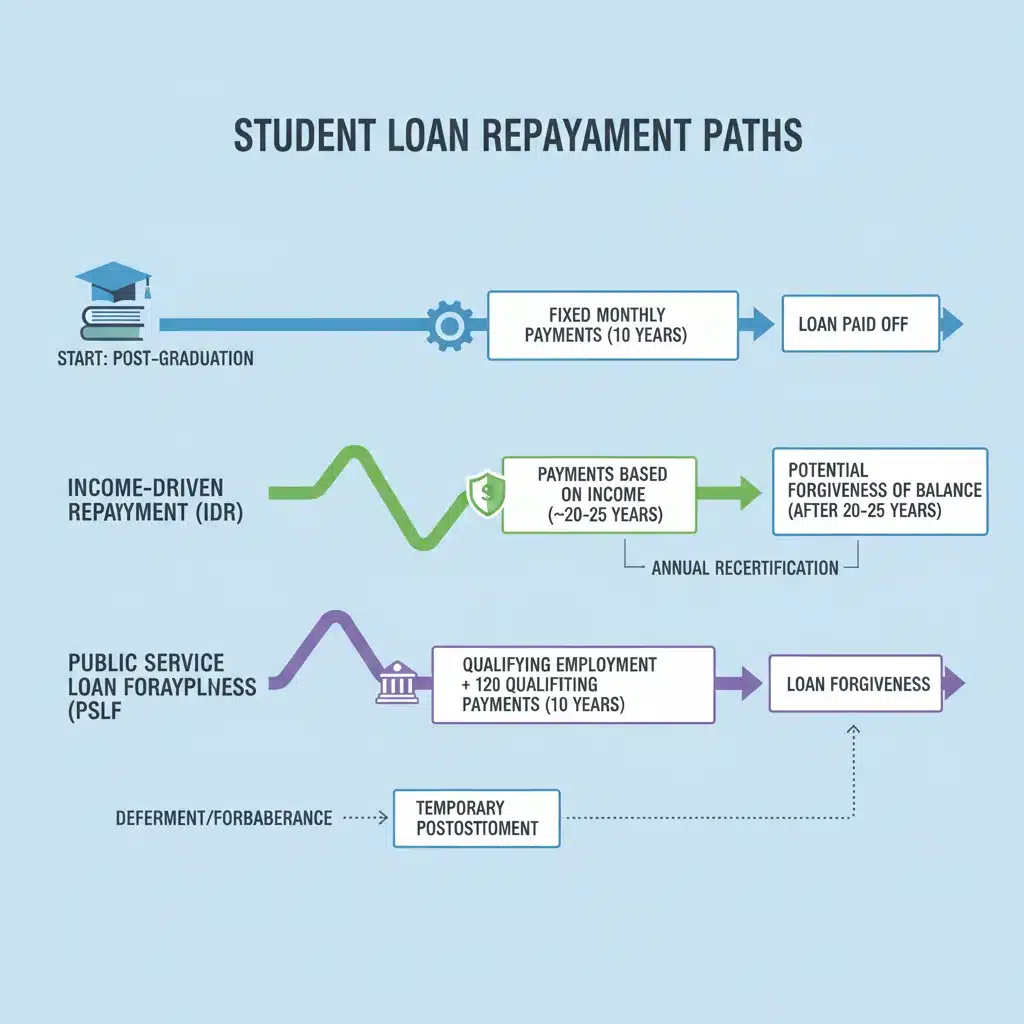Infographic detailing student loan repayment options and paths.