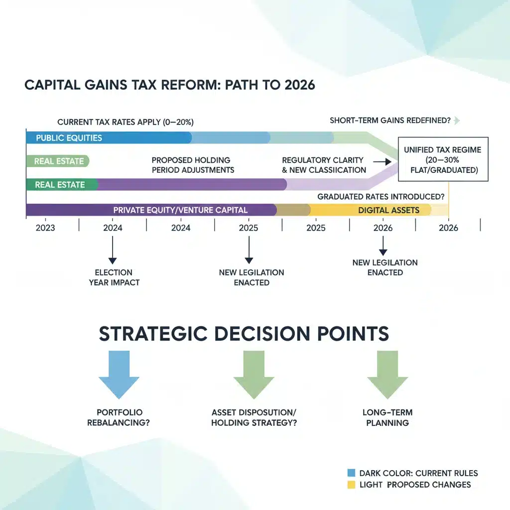 Infographic timeline illustrating phases of 2026 capital gains tax changes and strategic decision points for investors.
