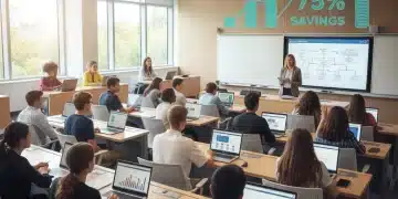 High school students learning in a college classroom, symbolizing early college success and tuition savings.