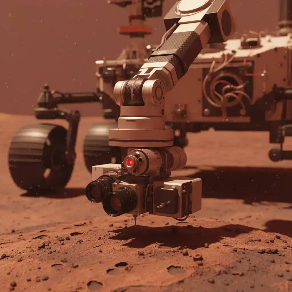 Robotic arm with scientific instruments on simulated Martian surface
