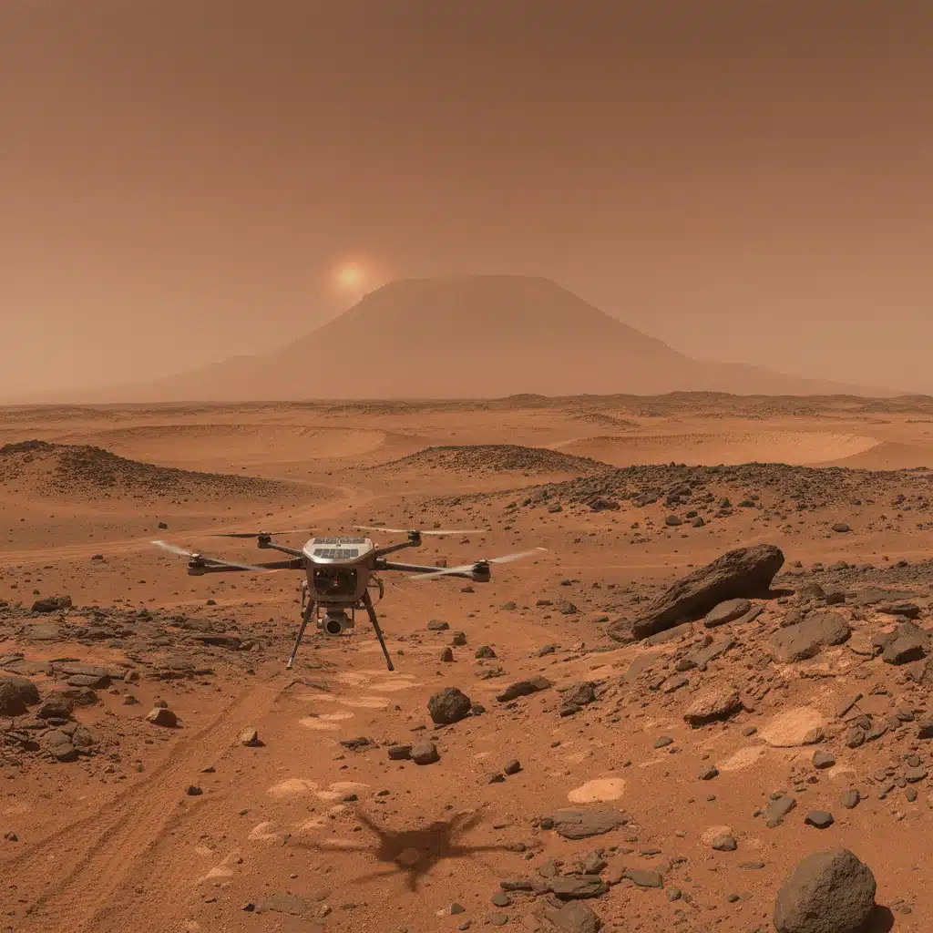 Panoramic view of Martian landscape with advanced reconnaissance drone
