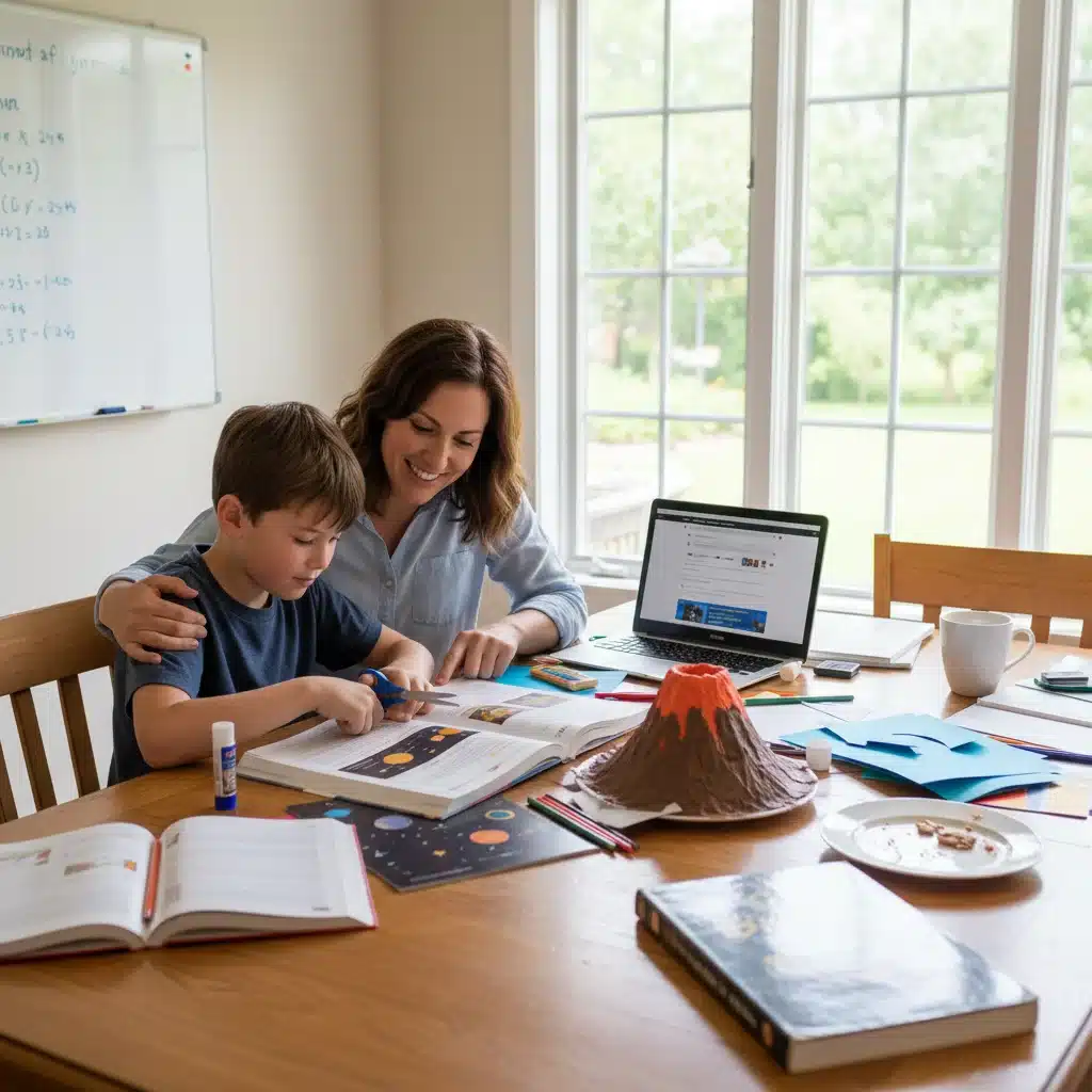 Parent and child studying together at home with textbooks and a laptop.