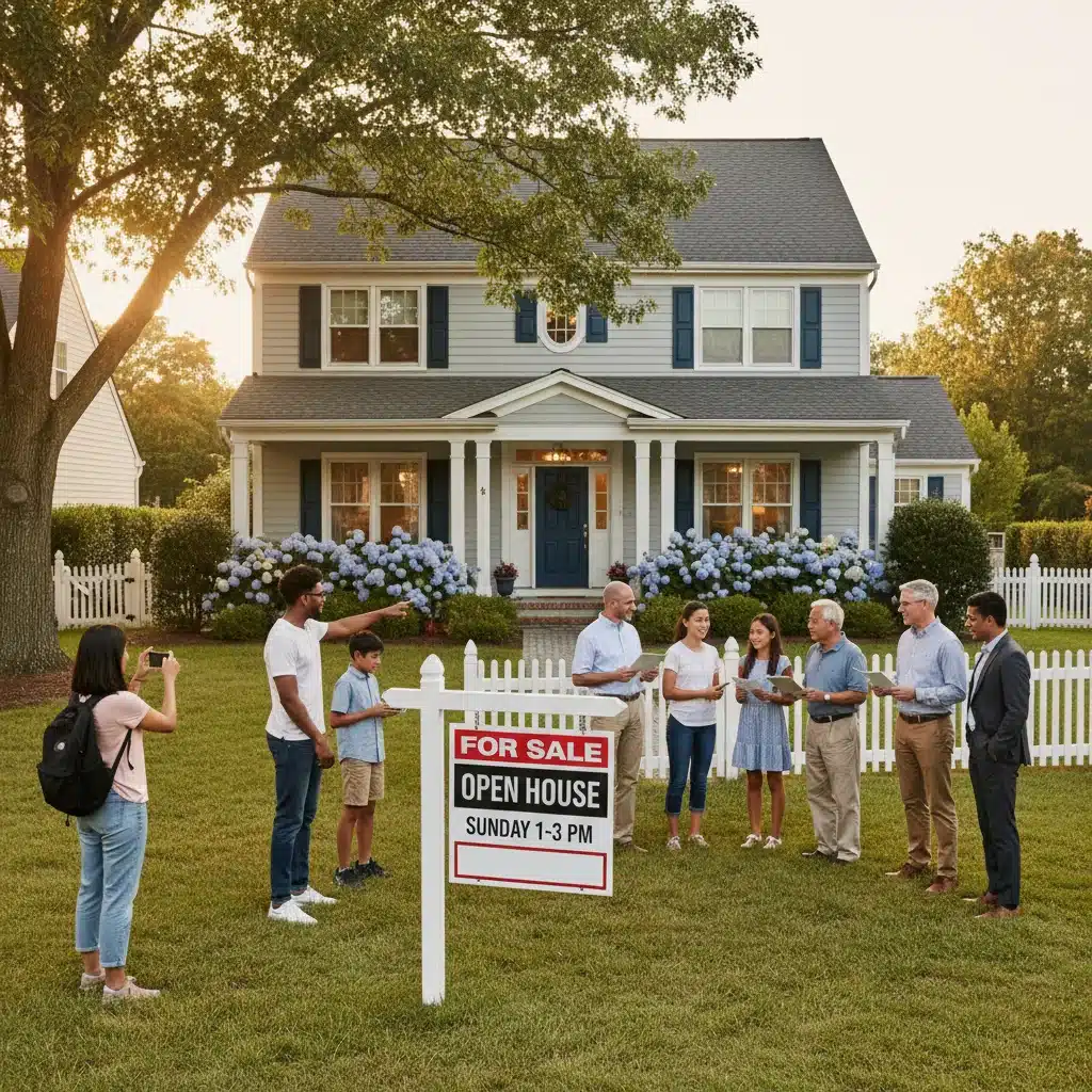 Diverse group of potential homebuyers examining a 'for sale' sign