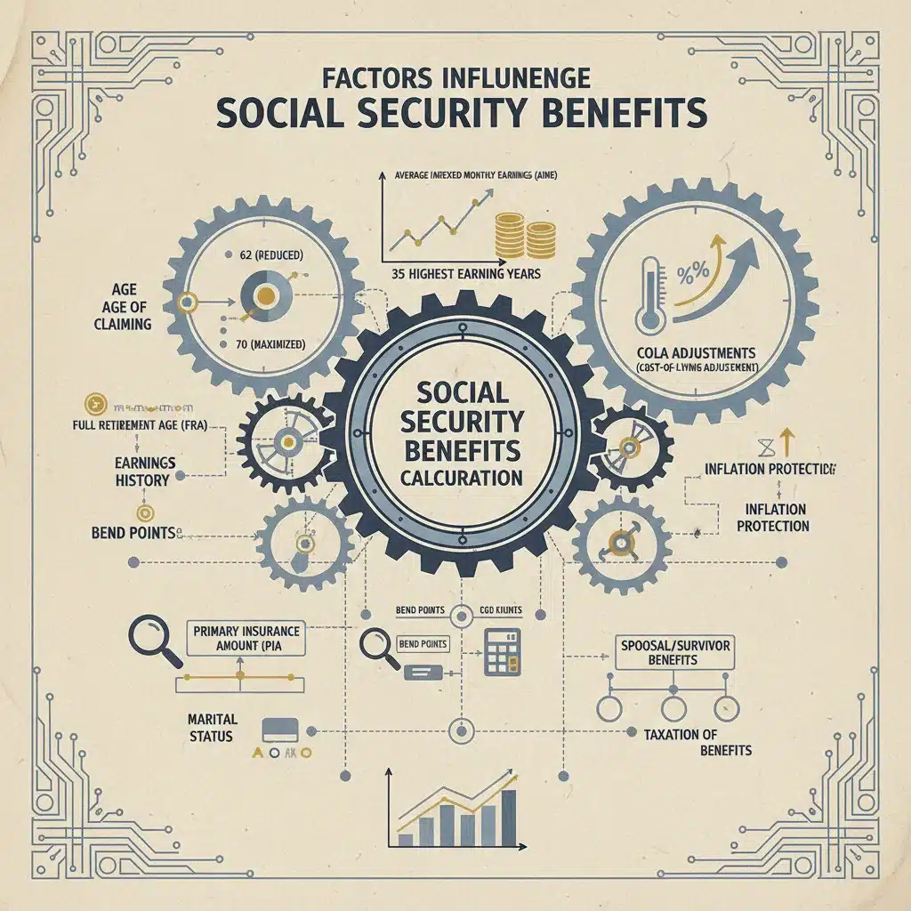 Infographic showing factors affecting Social Security benefit calculations, including age, earnings, and COLA.