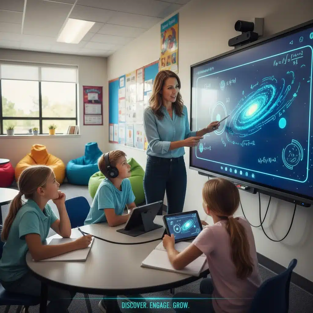 Teacher engaging students with an interactive whiteboard in a classroom setting.