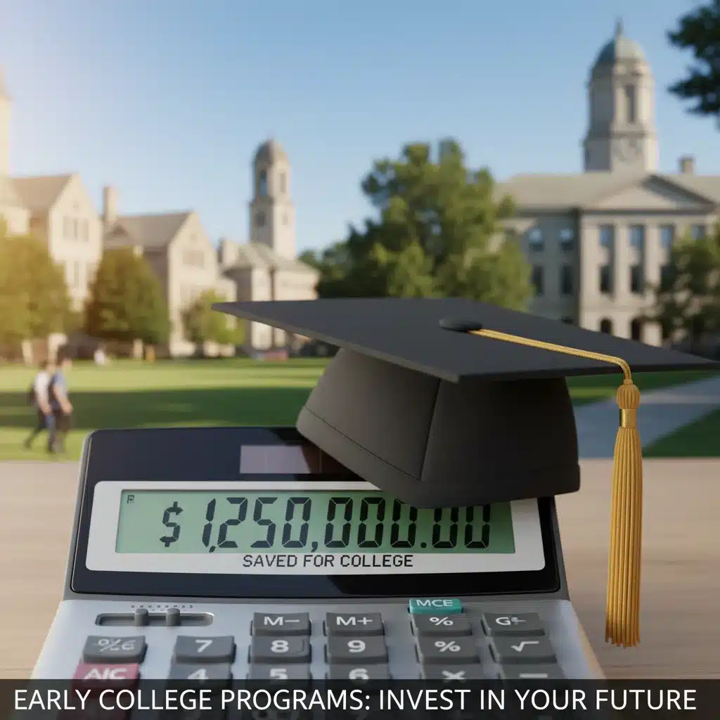 Financial calculator showing tuition savings with a graduation cap, illustrating the cost-effectiveness of early college.