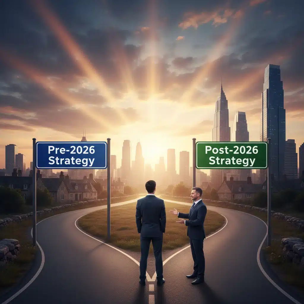 Investor at a crossroads, considering pre and post 2026 capital gains tax strategies with a financial advisor.