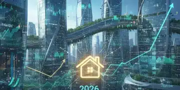Futuristic city skyline with financial data overlays representing the 2026 housing market forecast and economic trends.
