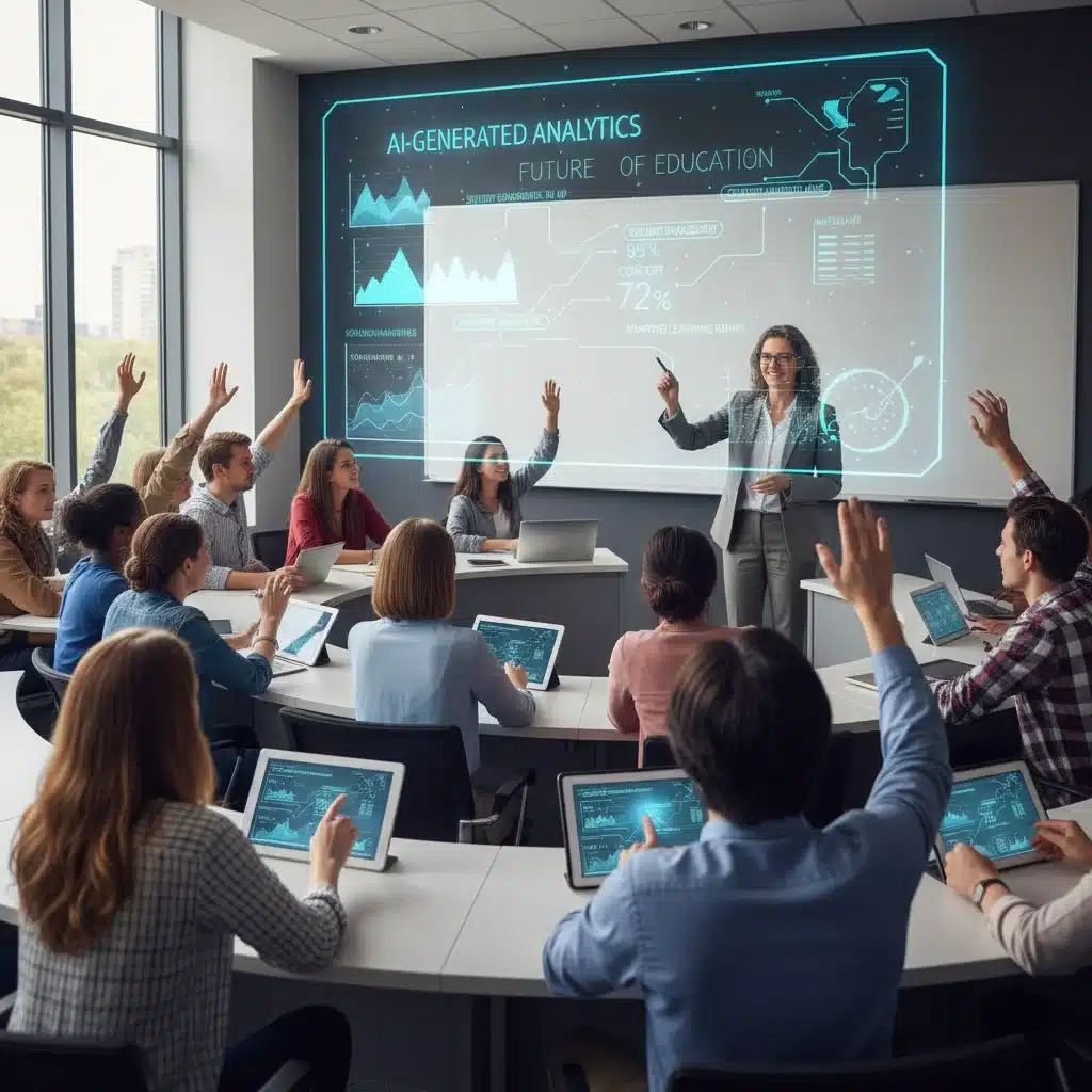 Professor using AI analytics for adaptive teaching in classroom