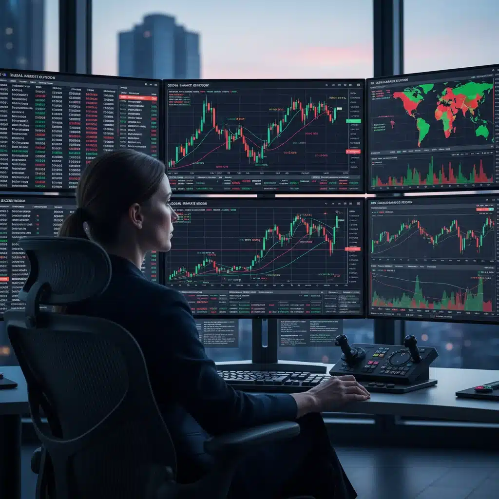 Individual analyzing financial data on multiple screens for risk management